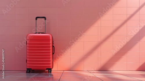 Stylish suitcases on color background Space for text