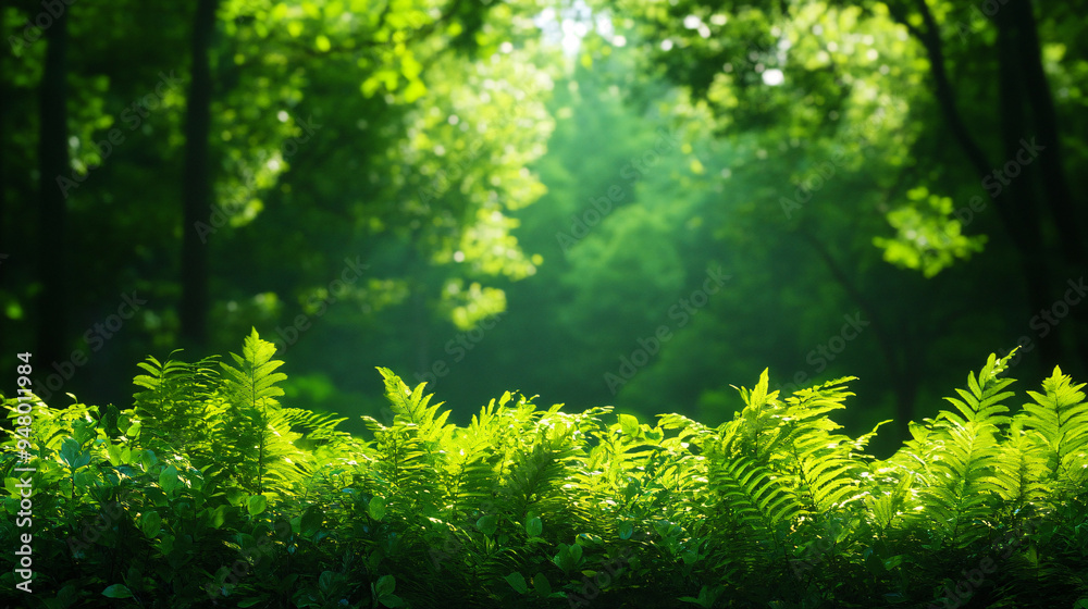 A lush green forest with a bright sun shining through the trees. The sunlight creates a warm and inviting atmosphere A lush green forest with a bright sun shining through the trees. The sunlight creates a warm and inviting atmosphere