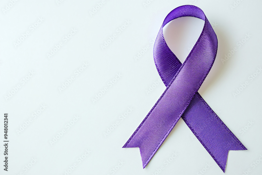 Purple ribbon on white background representing general cancer awareness, Alzheimer's disease, domestic violence awareness. Old Age-related health mental health problems, memory loss Purple ribbon on white background representing general cancer awareness, Alzheimer's disease, domestic violence awareness. Old Age-related health mental health problems, memory loss