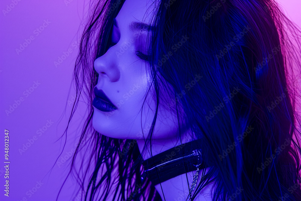 A woman with long hair and a black necklace is looking at the camera. The image has a moody and mysterious feel to it, with the purple background and the woman's dark hair and makeup A woman with long hair and a black necklace is looking at the camera. The image has a moody and mysterious feel to it, with the purple background and the woman's dark hair and makeup
