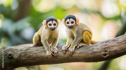 Two common squirrel monkeys (Saimiri sciureus) playing on a tree branch --ar 16:9 --v 6.1 Job ID: d6111e76-7072-4521-873a-908fa323caa3
