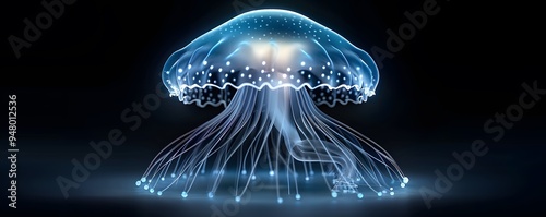 White jellyfish glowing in dark water with a fractal pattern, capturing the serene beauty of the deep ocean photo