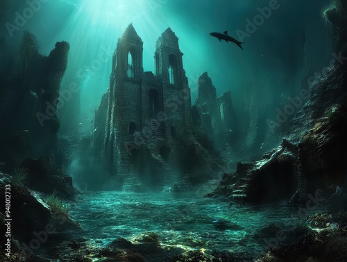 Underwater Ruins with Sunken Gothic Architecture and Marine Life in Mysterious Deep Sea photo