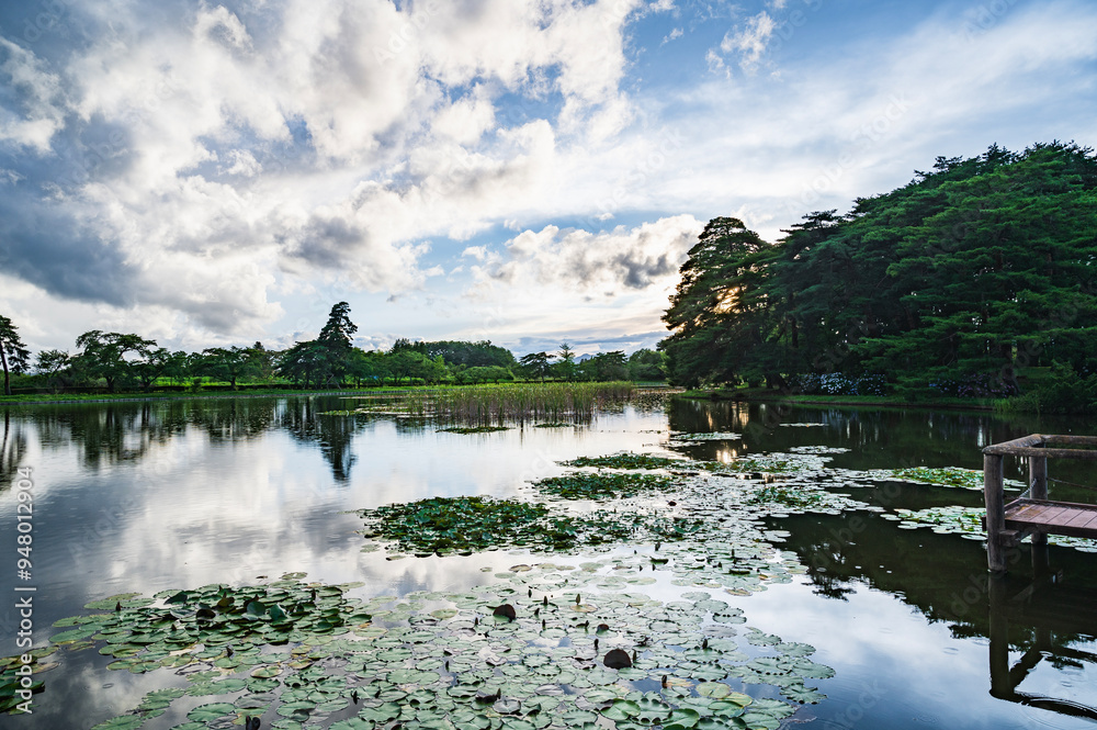 Obraz premium 福島 夕暮れの大池公園（矢吹町）