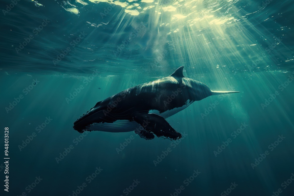 Fototapeta premium Humpback Whale Gracefully Gliding Through Sunlit Waters