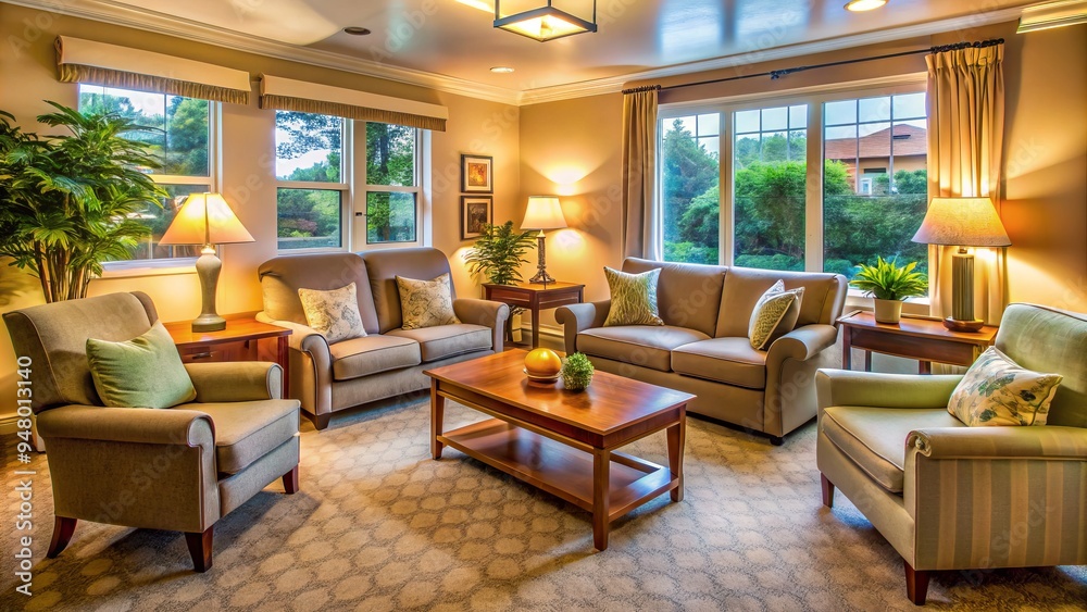 Fototapeta premium Cozy living room in a hospice home with comfortable furniture, soft lighting, and calming decor providing a peaceful atmosphere for end-of-life care.