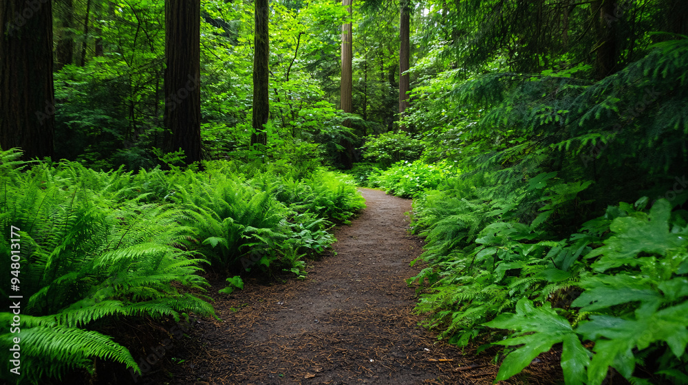 A path through a forest with green foliage and trees. The path is surrounded by ferns and other plants A path through a forest with green foliage and trees. The path is surrounded by ferns and other plants
