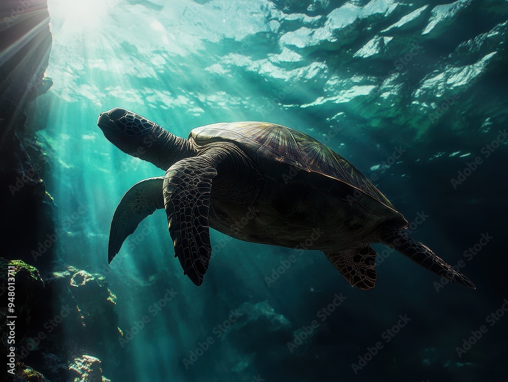 Obraz premium Majestic Sea Turtle Swimming Gracefully Underwater with Sunlight Filtering Through the Ocean Surface