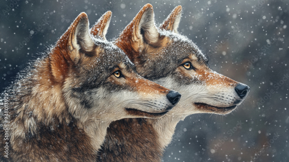 Fototapeta premium Two wolves gazing into the distance in a snowfall in the Caucasus Mountains. 