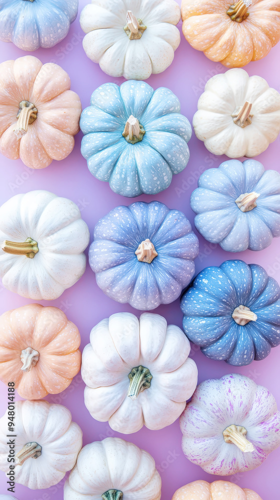 Obraz premium Aesthetic mix of pastel blue, pink and purple pumpkins, top view. Greeting mockup, wallpaper, copy space. Generative AI