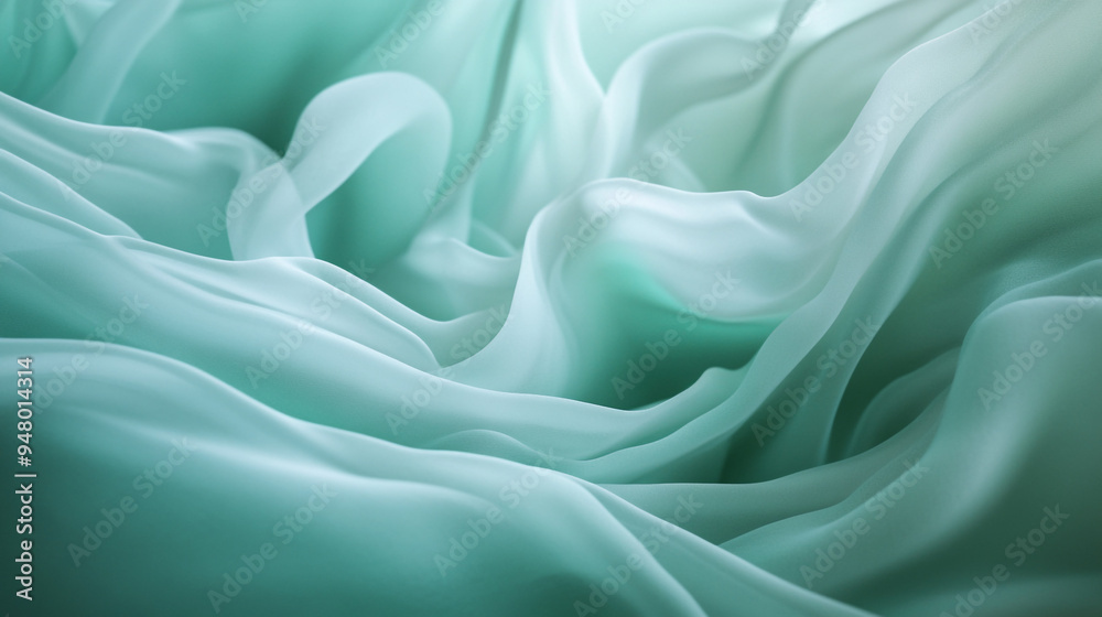 Obraz premium Soft wisps of translucent fabric flow gracefully in cool green tones, creating a serene and calming atmosphere