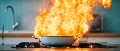 A pan ignites in a dramatic kitchen fire, showcasing the intensity of cooking mishaps and the need for kitchen safety. photo