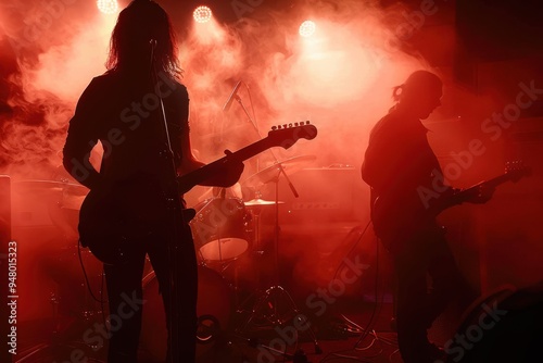 Guitarists on stage Red silhouette of a guitarist on stage