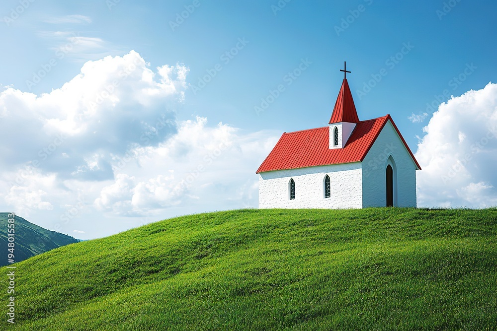 Fototapeta premium A small red and white church sits on a hillside