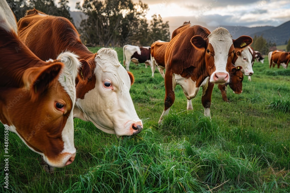 Cows eating grass at a cattle farm Beautiful cows eating grass at a cattle farm â livestock business concepts Cows eating grass at a cattle farm Beautiful cows eating grass at a cattle farm â livestock business concepts