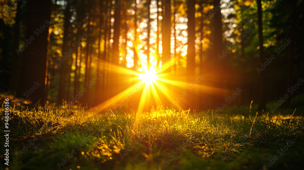 Naklejka premium A sun is shining through the trees, casting a bright light on the grass. The scene is peaceful and serene, with the sun's rays creating a warm and inviting atmosphere