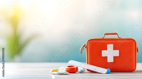 A vibrant orange first aid kit on a table, stocked with medical supplies, ideal for emergency preparedness and health care.