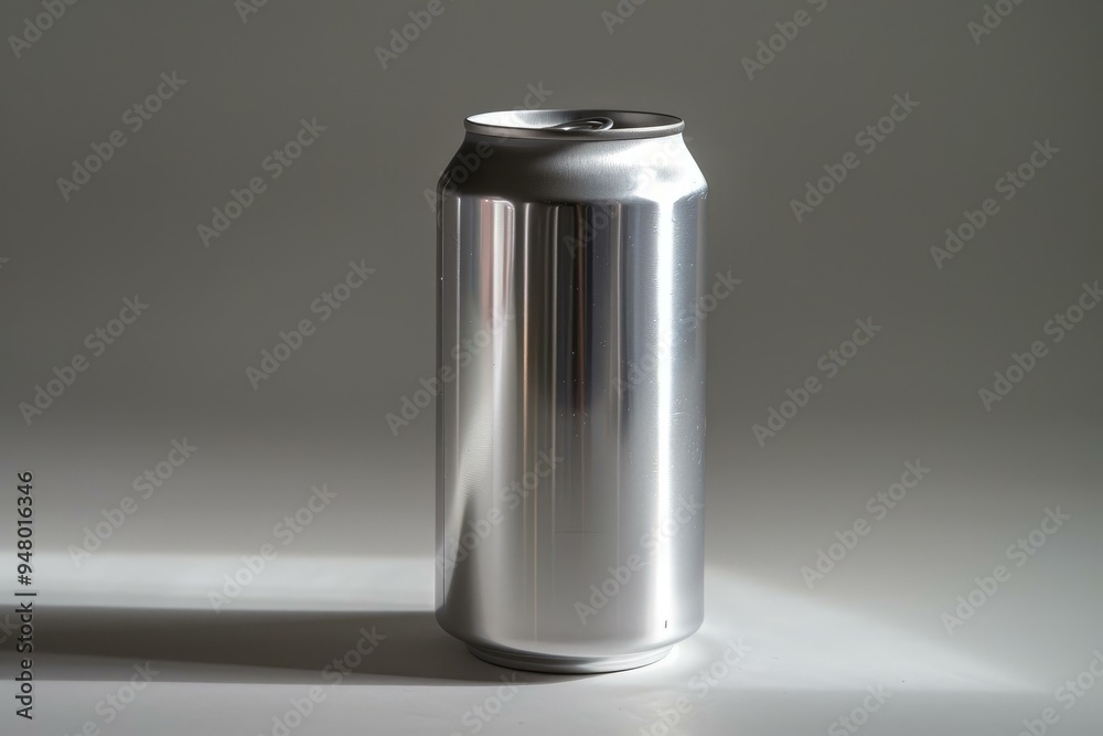 Aluminum can standing on a white surface with a gray background, casting a shadow Aluminum can standing on a white surface with a gray background, casting a shadow