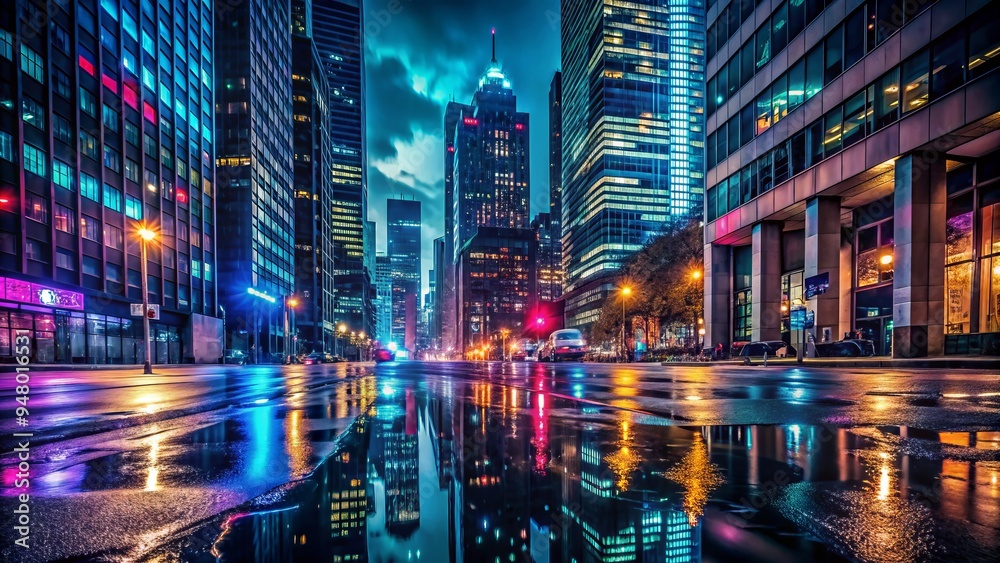 Dark skyscrapers and neon lights reflect off the wet asphalt of a rainy city street at night, capturing the essence of urban grit and mystery. Dark skyscrapers and neon lights reflect off the wet asphalt of a rainy city street at night, capturing the essence of urban grit and mystery.