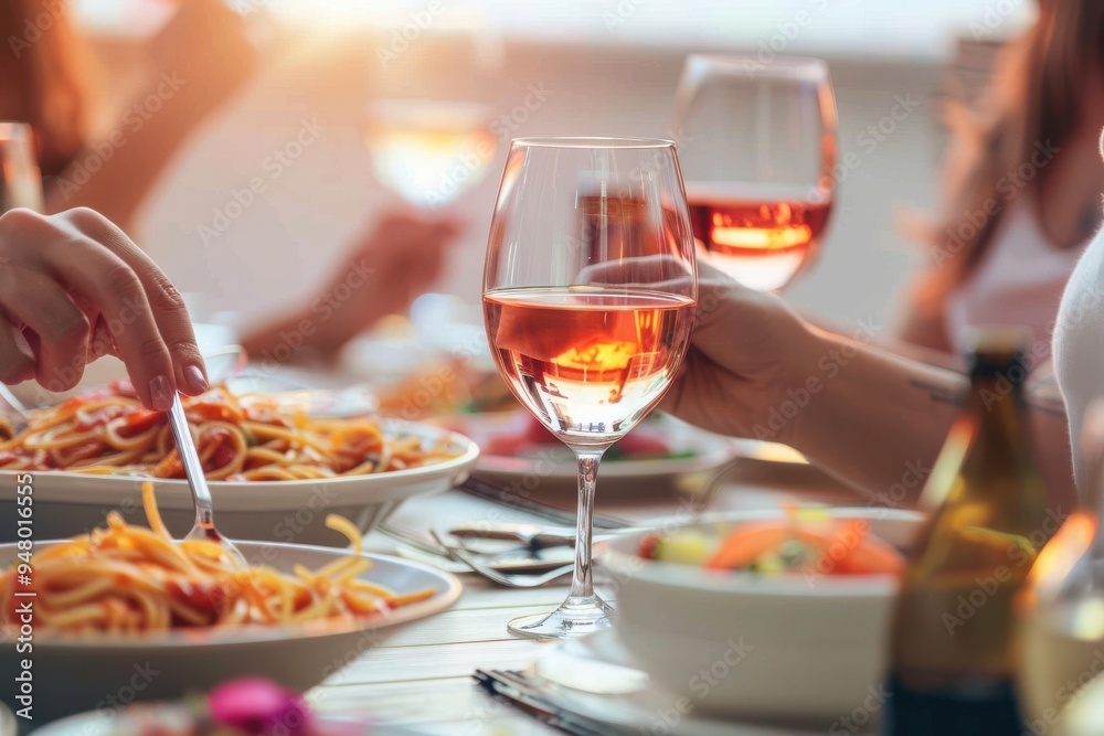 Group of friends and family drinking wine and eating. Group of friends and family drinking wine and eating. Tight crop showing the table with food and wine and hands. There is pasta and salad on the t Group of friends and family drinking wine and eating. Group of friends and family drinking wine and eating. Tight crop showing the table with food and wine and hands. There is pasta and salad on the t