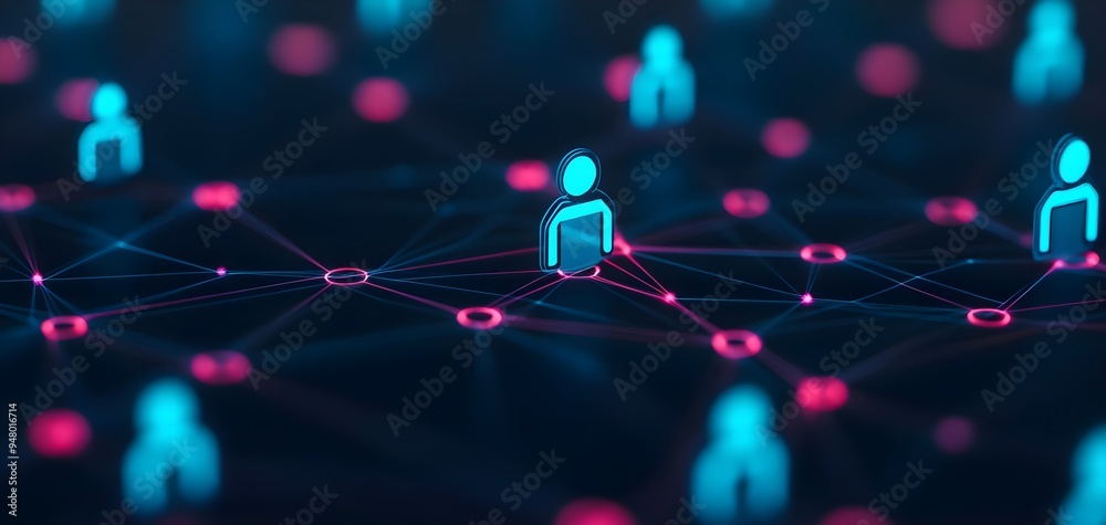 Abstract digital network with glowing icons representing connections between users in a virtual environment. Abstract digital network with glowing icons representing connections between users in a virtual environment.