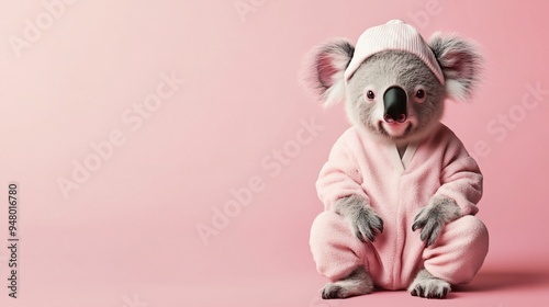 A koala in pajamas with a nightcap on a pastel pink background, copy space