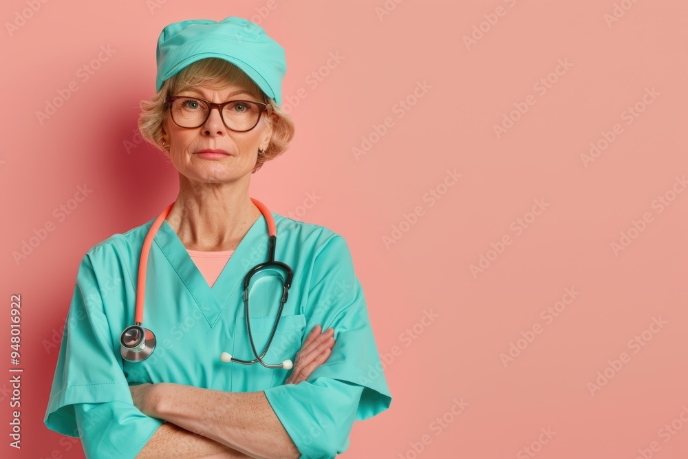 Doctor in scrubs with stethoscope against a pink background Doctor in scrubs with stethoscope against a pink background