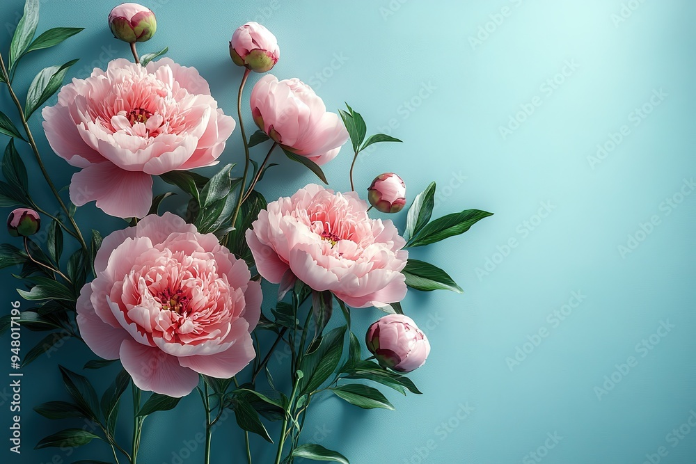A bouquet of pink flowers is arranged in a vase on a blue background A bouquet of pink flowers is arranged in a vase on a blue background