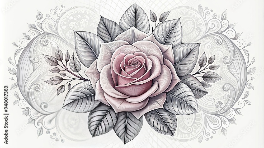 Delicate hand-drawn rose illustration in bold black lines and soft gray shading, surrounded by subtle ornate patterns, on a clean white background. Delicate hand-drawn rose illustration in bold black lines and soft gray shading, surrounded by subtle ornate patterns, on a clean white background.