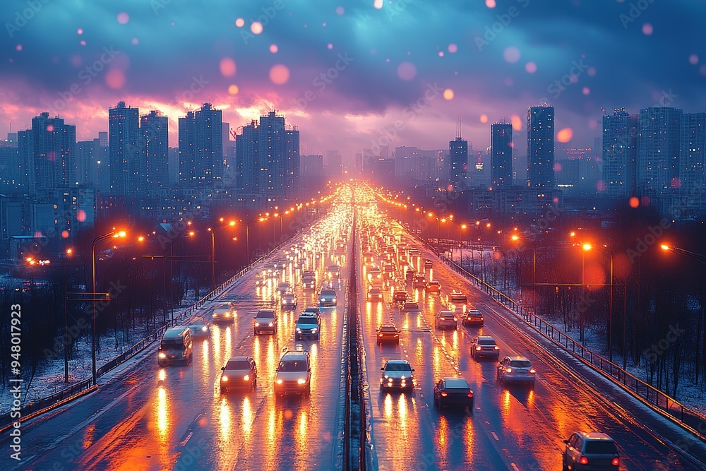 Obraz premium A busy city street with cars driving down a wet road