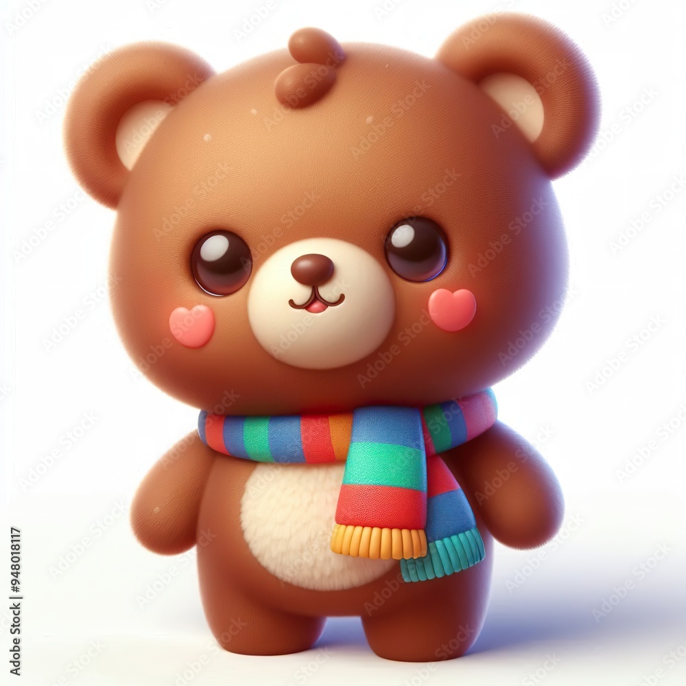 cute 3d fluffy brown teddy bear character with colorful scarf, white background cute 3d fluffy brown teddy bear character with colorful scarf, white background