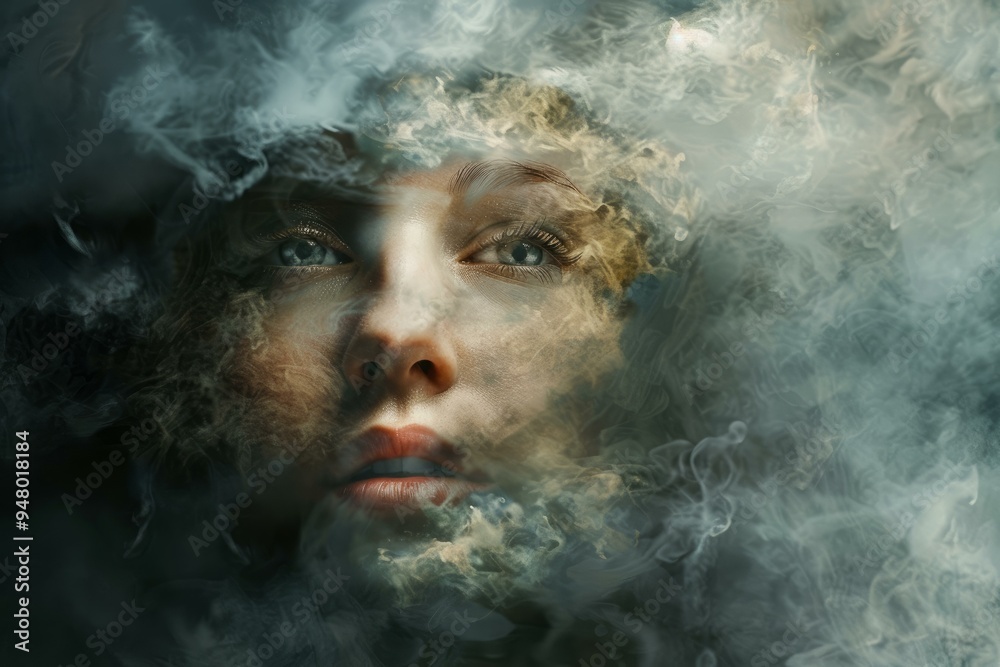 Woman is enveloped in smoke, her face illuminated with a hopeful expression