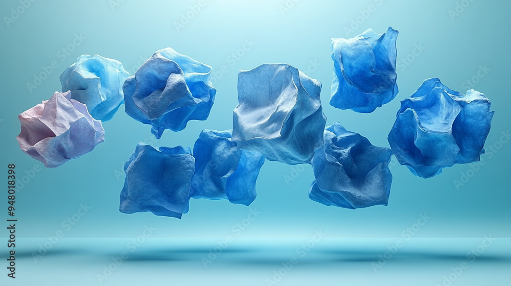 Fototapeta premium Melting ice cubes on a blue surface surrounded by crumpled paper balls