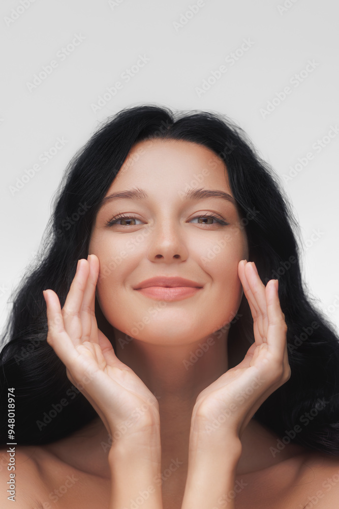 Elegant Woman Touching Her Face for Skincare and Beauty Ads