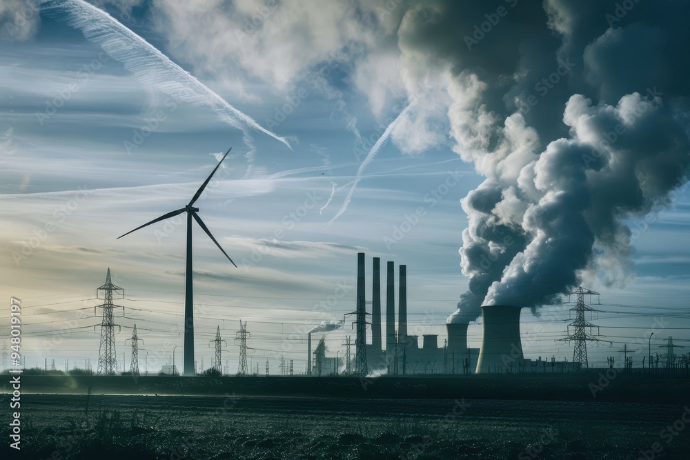 Wind energy versus coal fired power plant Single wind turbine, a coal burning power plant with pollution and electricity pylons in the background. Wind energy versus coal fired power plant Single wind turbine, a coal burning power plant with pollution and electricity pylons in the background.