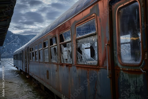 At a lost place. An old passenger car with smashed windows, at a station at the end of the world. At a lost place. An old passenger car with smashed windows, at a station at the end of the world.