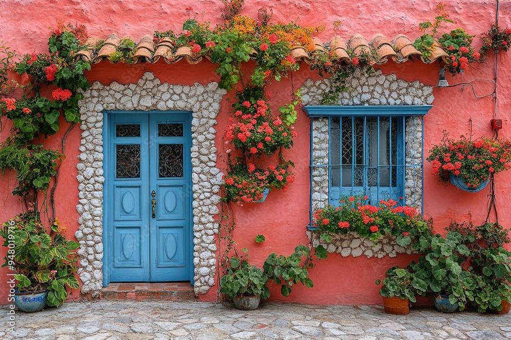A house with blue doors and a pink exterior A house with blue doors and a pink exterior
