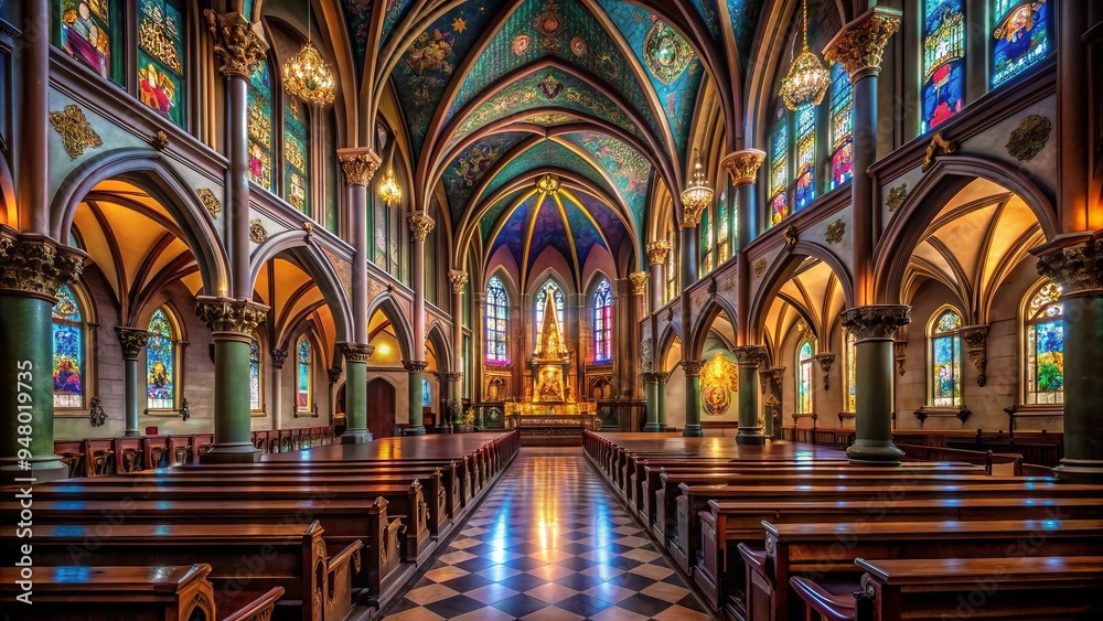 Dimly lit, ornate, and serene, a vacant Catholic church with richly colored stained glass windows and decorative columns stands in quiet contemplation. Dimly lit, ornate, and serene, a vacant Catholic church with richly colored stained glass windows and decorative columns stands in quiet contemplation.