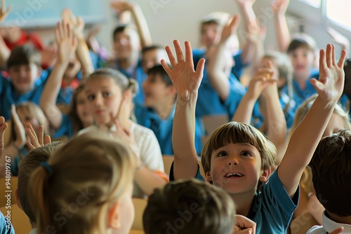 Excited School Children in Uniform with Hands Up Excited school children in school uniform with hands up ready to answer a question from the teacher