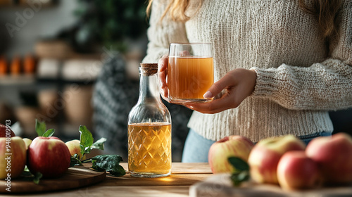 Woman Holding Glass of Fresh Apple Cider at Home photo