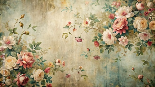 Distressed vintage floral mural background with faded colors, peeling paint, and subtle cracks, evoking a nostalgic and romantic atmosphere.