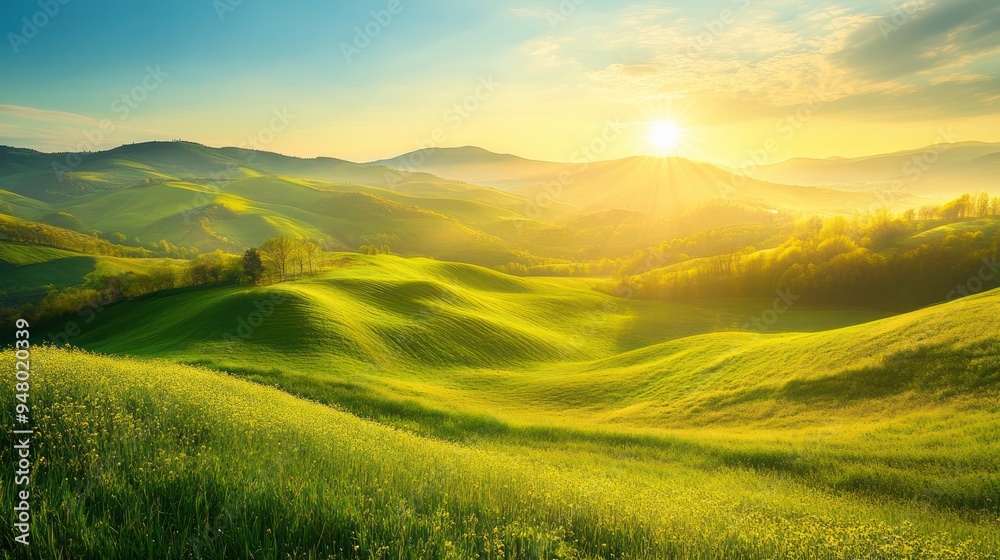 Obraz premium Rolling Hills and a Golden Sunset over a Lush Green Landscape