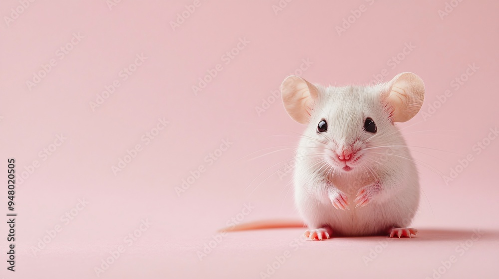 A mouse cub playing on a soft pastel pink background, copy space. A mouse cub playing on a soft pastel pink background, copy space.