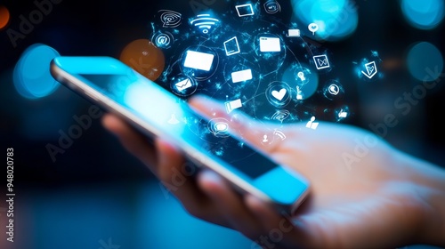 smart phone in hand with social media icon coming out of it