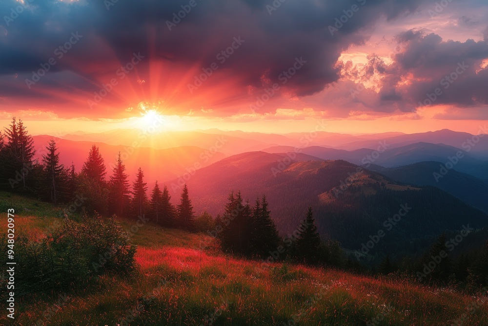 Obraz premium Sunset over mountain range with pine forest and colorful sky Generative AI