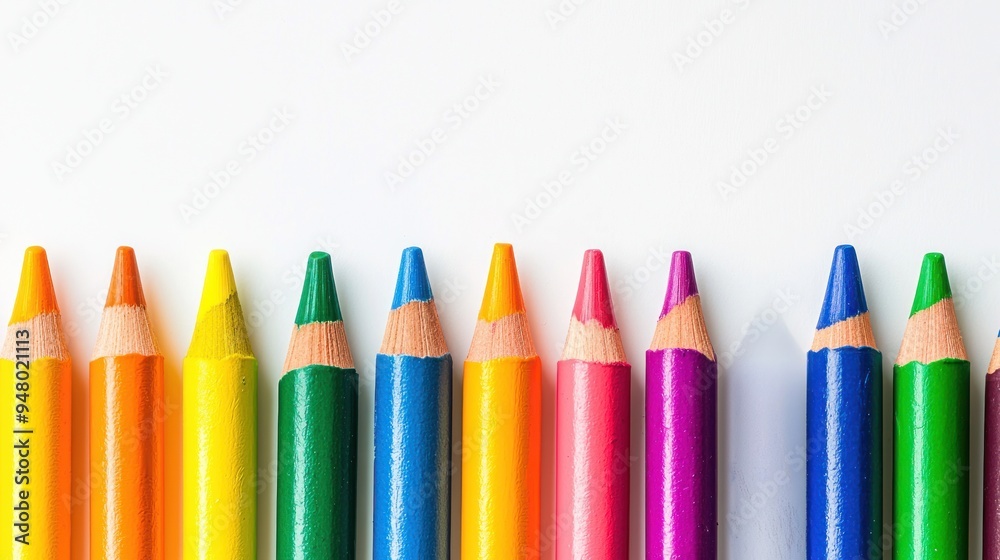 Colorful crayons lined up on white background with smudged marks underneath Generative AI Colorful crayons lined up on white background with smudged marks underneath Generative AI