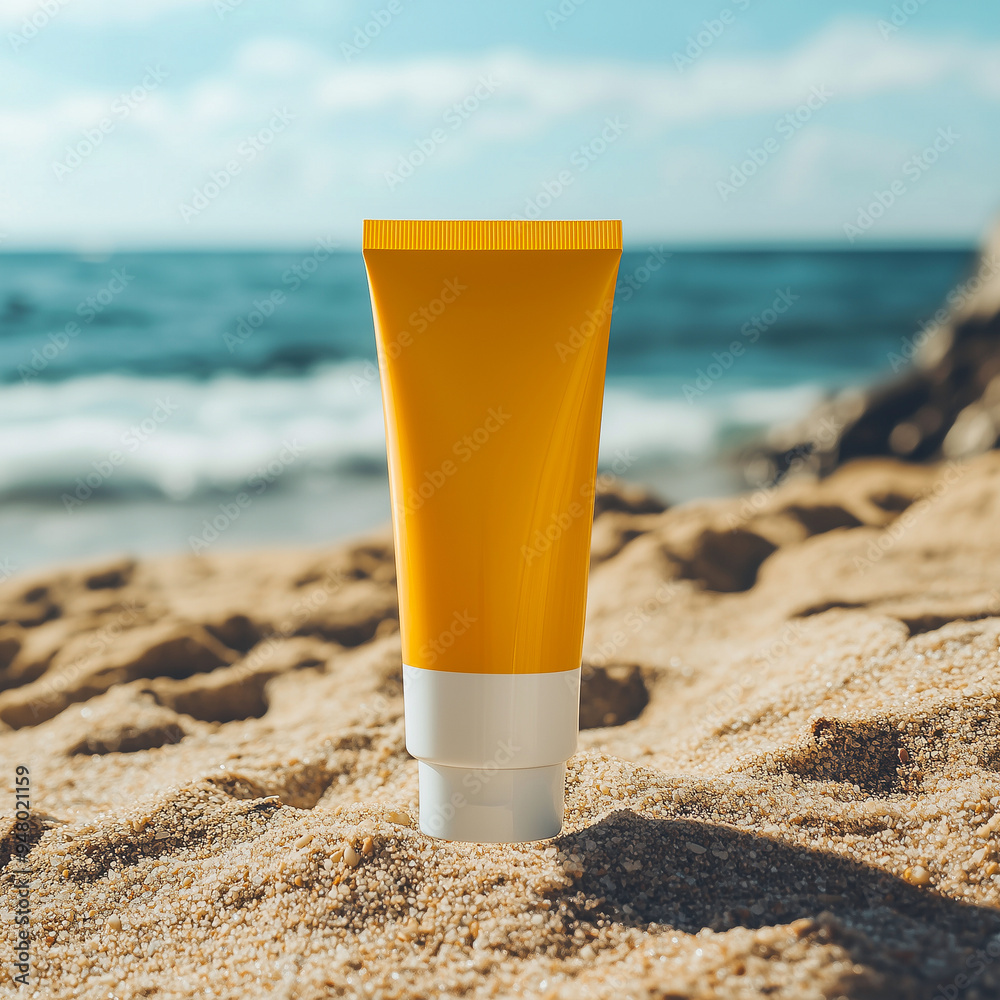 raelistic Sunscreen cream tube mockup on sand beach with sea side background. Sun safety, spf uv-protect cosmetic products, skin care cream