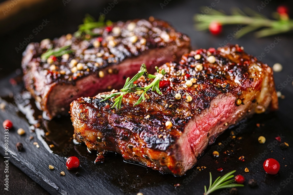 Juicy steaks richly seasoned with herbs are grilling over flaming charcoals, emitting appetizing smoke and flames.
Juicy steaks richly seasoned with herbs are grilling over flaming charcoals, emitting appetizing smoke and flames.
