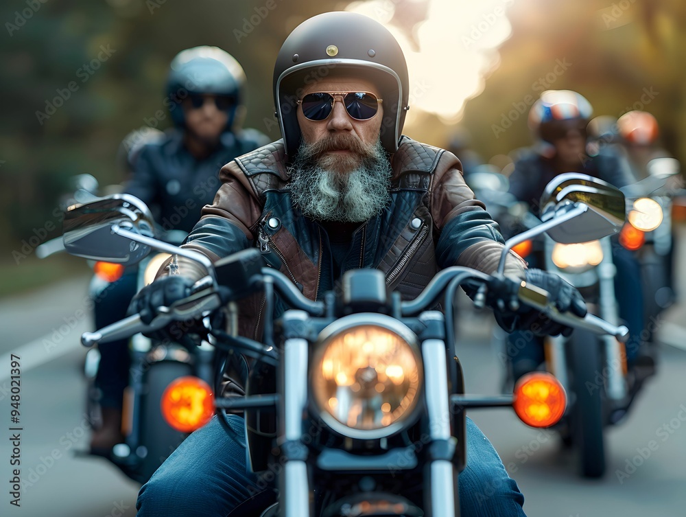 Bikers riding together on a sunny afternoon along a scenic road with vibrant greenery and warm sunlight creating a lively atmosphere Bikers riding together on a sunny afternoon along a scenic road with vibrant greenery and warm sunlight creating a lively atmosphere