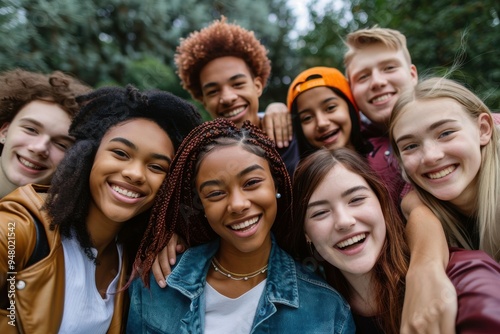 Friends Taking A Picture Together A multi-ethnic group of high school students are outdoors on a summer day. They are gathered together to take a selfie, and they are all smiling.